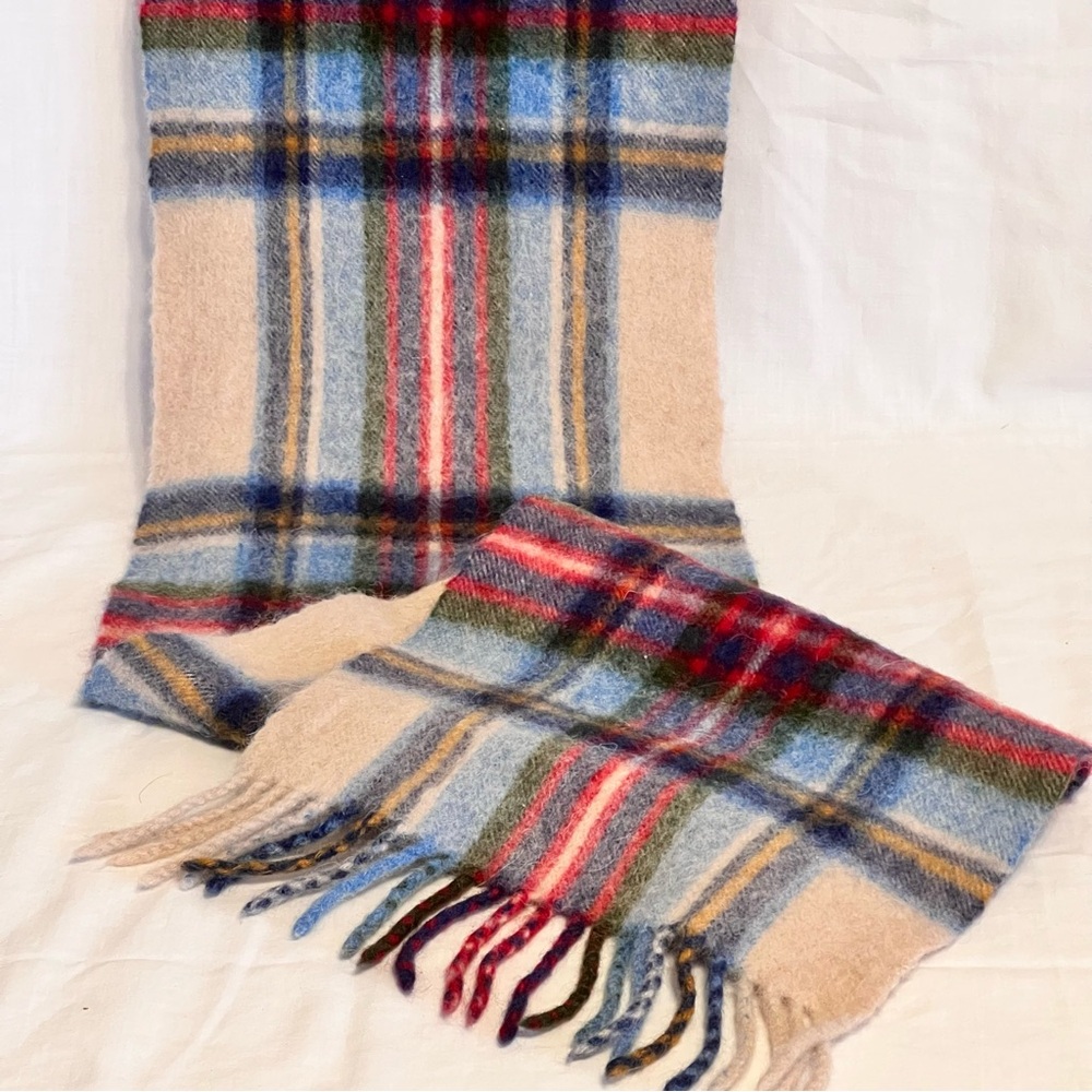 MARCHBRAE 100% Lambswool Plaid Fringed Scarf Red Blue Tan Mens Womens Unisex